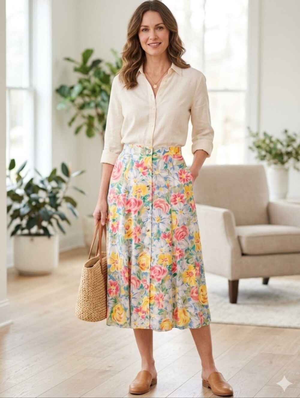 Vintage Liz Claiborne Sport Button Front Midi Floral Skirt Size 2P Women's